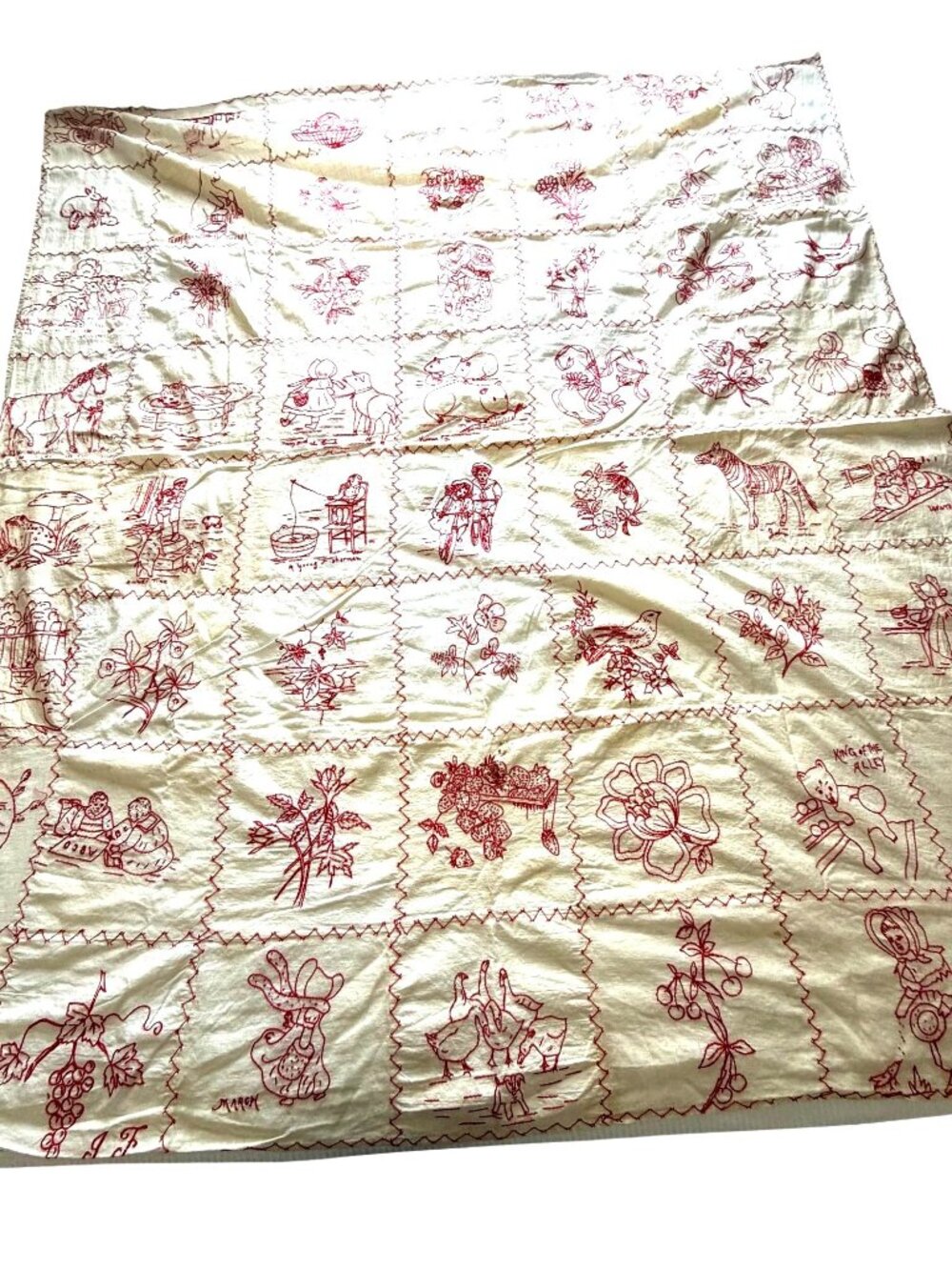 Vintage Redwork Embroidered Quilt Hand‑Stitched Blocks Folk Motif Redwork JF